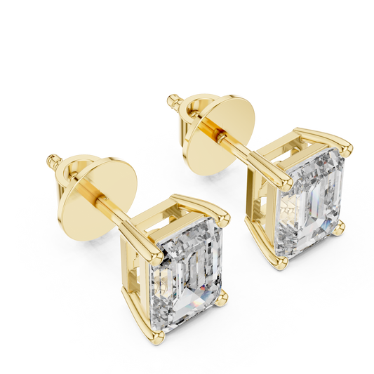 Emerald Cut Lab Grown Diamond Stud Earrings | Classic Four-Prong Basket Style | 10K, 14K, and 18K Gold