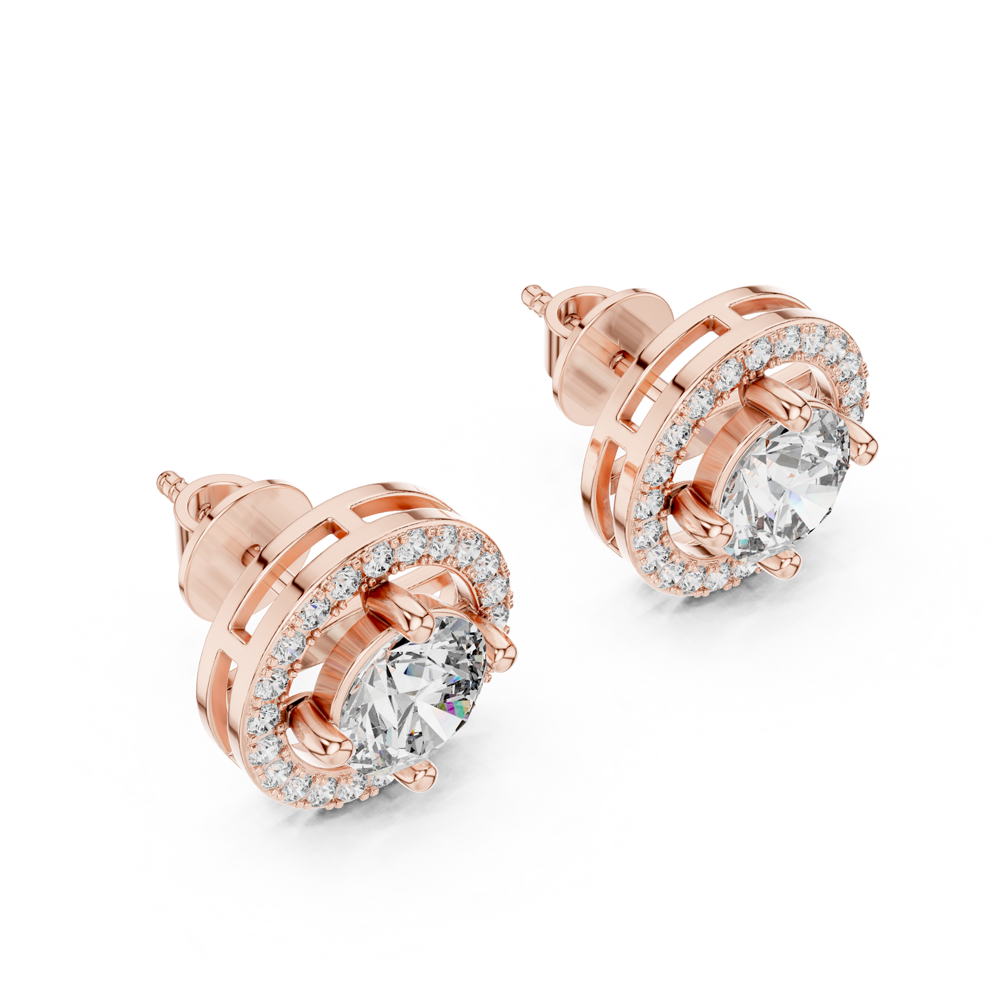 Round Lab Grown Diamond Halo Stud Earrings | Brilliant Pave Border Style | 10K, 14K, and 18K Gold