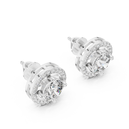 Round Lab Grown Diamond Halo Stud Earrings | Brilliant Pave Border Style | 10K, 14K, and 18K Gold
