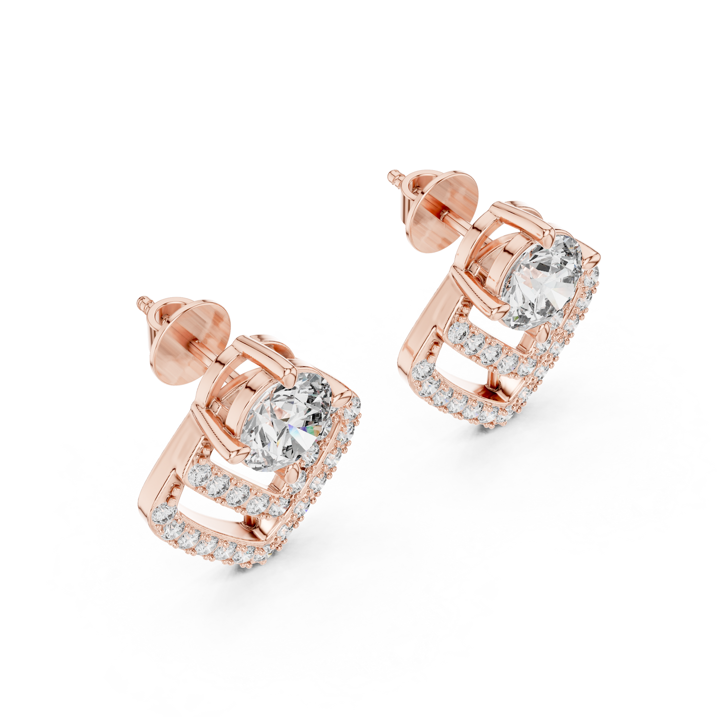 Round Lab Grown Diamond Geometric Chevron Earrings | V-Shape Halo Drops | 10K, 14K, and 18K Gold