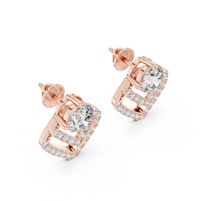 Round Lab Grown Diamond Geometric Chevron Earrings | V-Shape Halo Drops | 10K, 14K, and 18K Gold