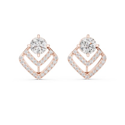 Round Lab Grown Diamond Geometric Chevron Earrings | V-Shape Halo Drops | 10K, 14K, and 18K Gold
