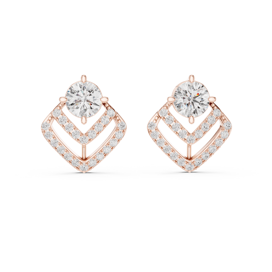 Round Lab Grown Diamond Geometric Chevron Earrings | V-Shape Halo Drops | 10K, 14K, and 18K Gold
