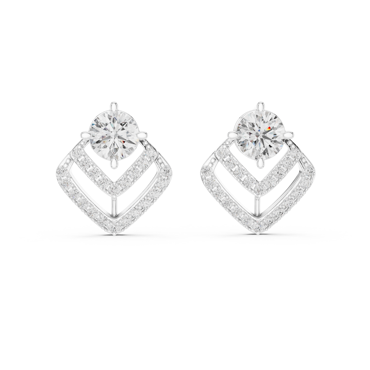 Round Lab Grown Diamond Geometric Chevron Earrings | V-Shape Halo Drops | 10K, 14K, and 18K Gold