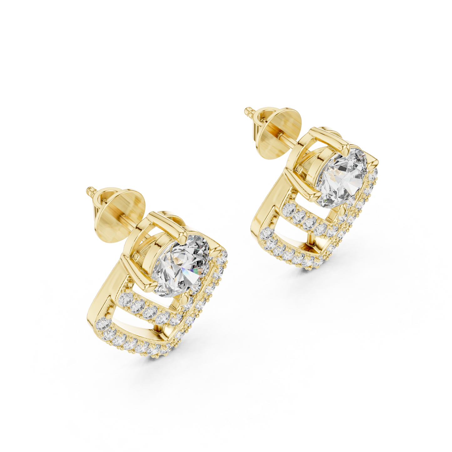 Round Lab Grown Diamond Geometric Chevron Earrings | V-Shape Halo Drops | 10K, 14K, and 18K Gold