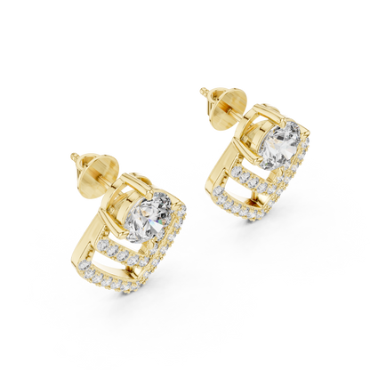 Round Lab Grown Diamond Geometric Chevron Earrings | V-Shape Halo Drops | 10K, 14K, and 18K Gold