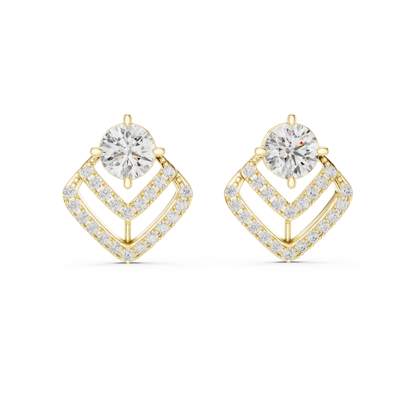 Round Lab Grown Diamond Geometric Chevron Earrings | V-Shape Halo Drops | 10K, 14K, and 18K Gold