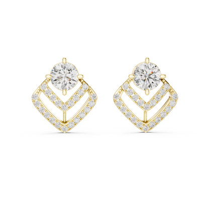 Round Lab Grown Diamond Geometric Chevron Earrings | V-Shape Halo Drops | 10K, 14K, and 18K Gold