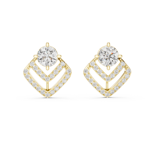 Round Lab Grown Diamond Geometric Chevron Earrings | V-Shape Halo Drops | 10K, 14K, and 18K Gold