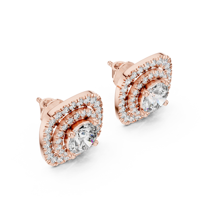 Round Lab Grown Diamond Double Cushion Halo Stud Earrings | 10K, 14K, and 18K Gold