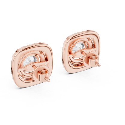 Round Lab Grown Diamond Double Cushion Halo Stud Earrings | 10K, 14K, and 18K Gold
