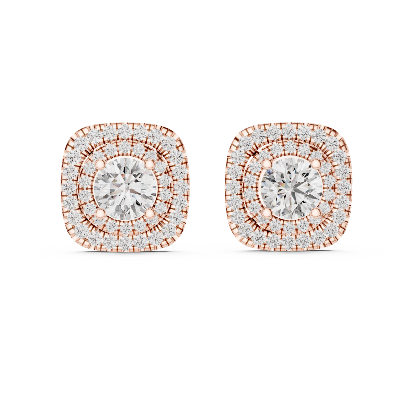 Round Lab Grown Diamond Double Cushion Halo Stud Earrings | 10K, 14K, and 18K Gold