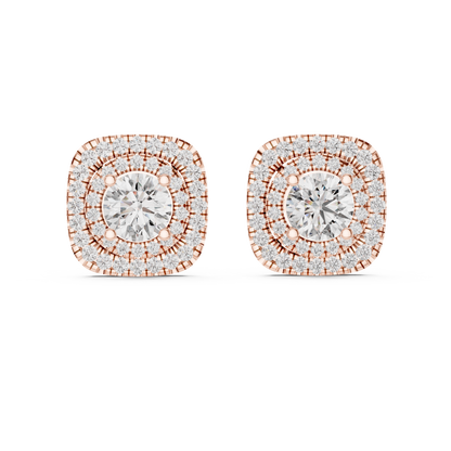 Round Lab Grown Diamond Double Cushion Halo Stud Earrings | 10K, 14K, and 18K Gold