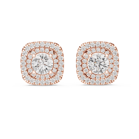 Round Lab Grown Diamond Double Cushion Halo Stud Earrings | 10K, 14K, and 18K Gold