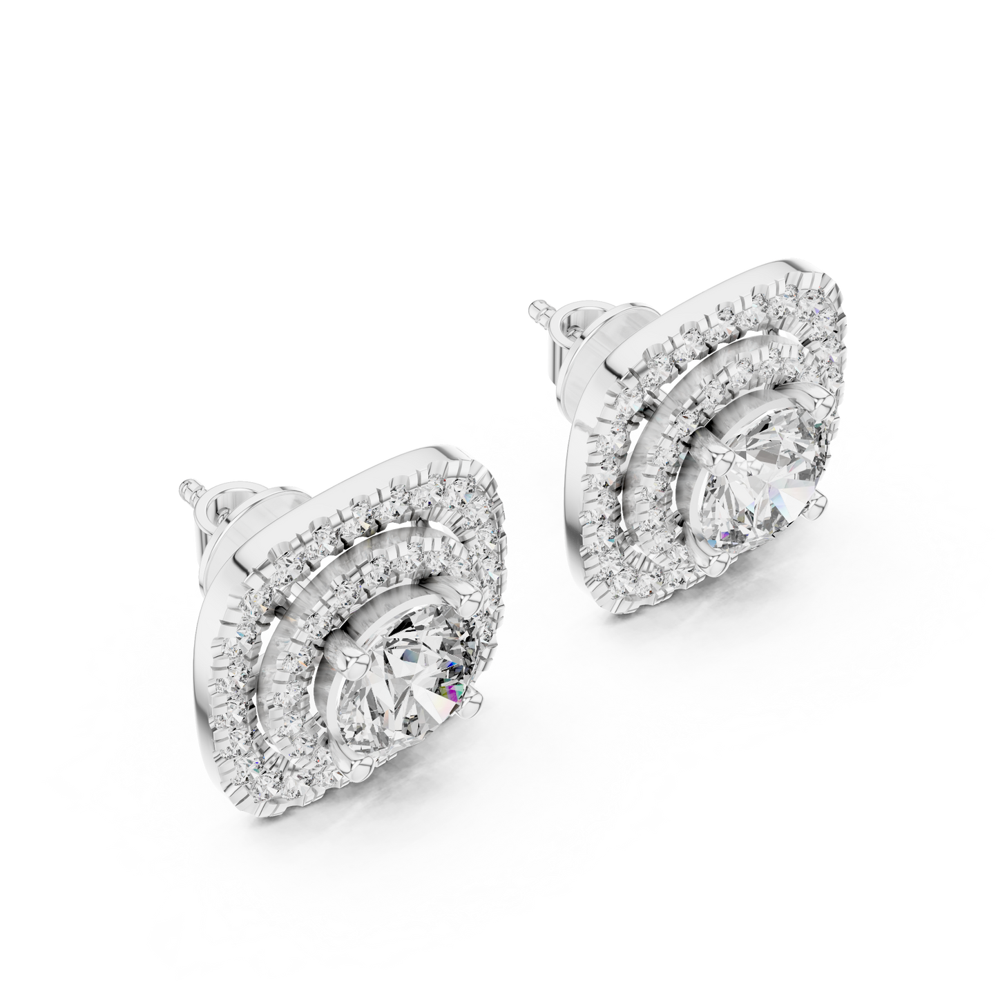 Round Lab Grown Diamond Double Cushion Halo Stud Earrings | 10K, 14K, and 18K Gold