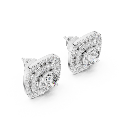 Round Lab Grown Diamond Double Cushion Halo Stud Earrings | 10K, 14K, and 18K Gold