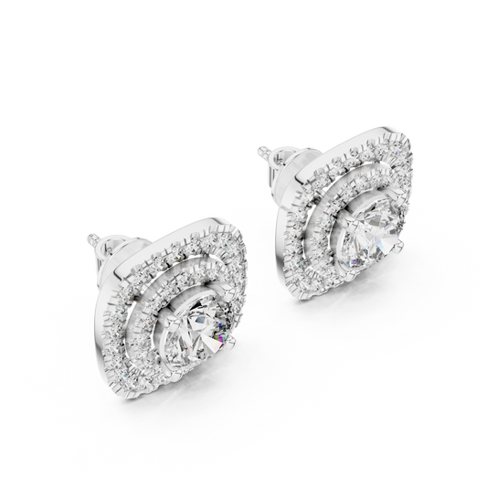 Round Lab Grown Diamond Double Cushion Halo Stud Earrings | 10K, 14K, and 18K Gold