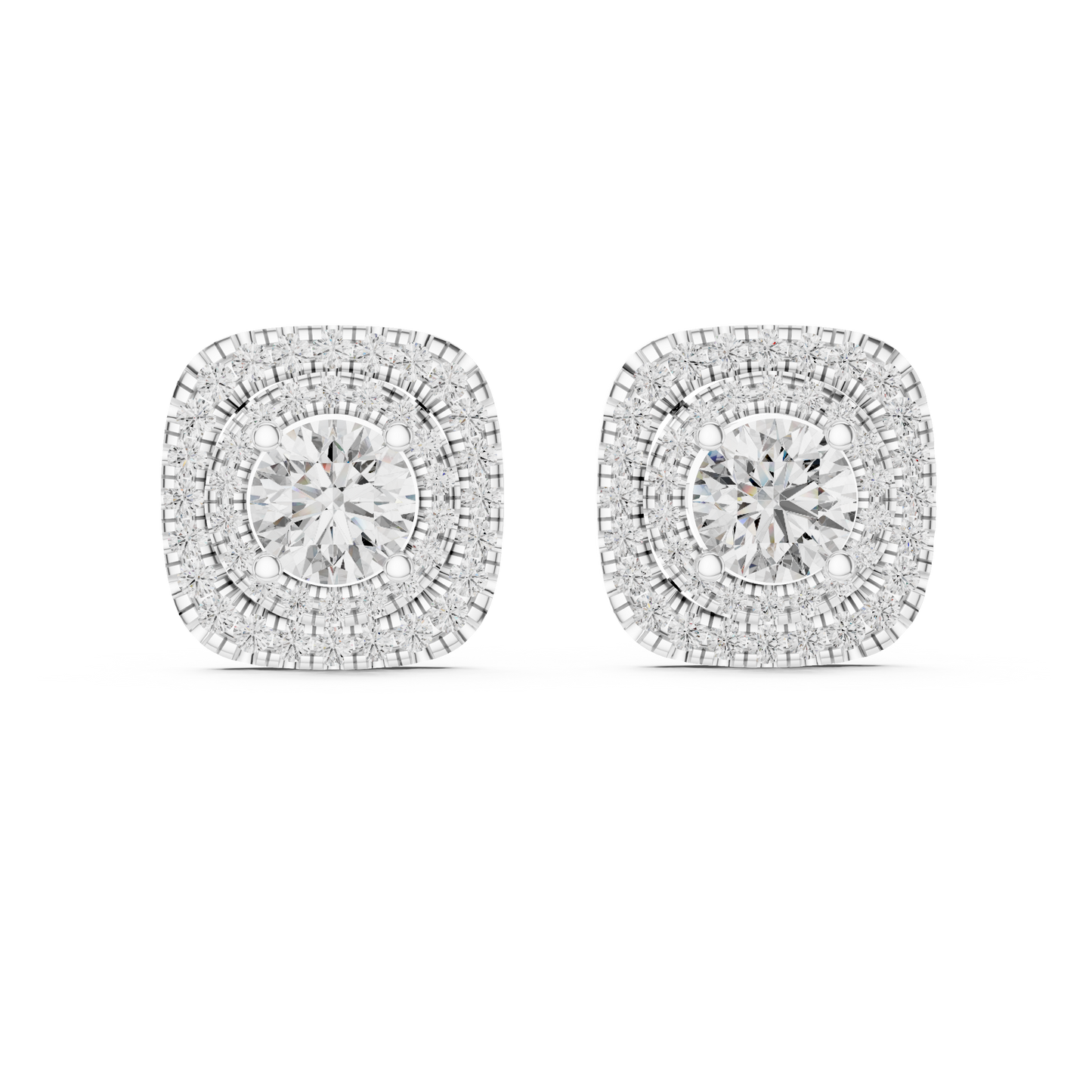 Round Lab Grown Diamond Double Cushion Halo Stud Earrings | 10K, 14K, and 18K Gold