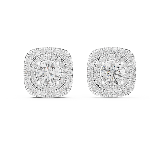 Round Lab Grown Diamond Double Cushion Halo Stud Earrings | 10K, 14K, and 18K Gold