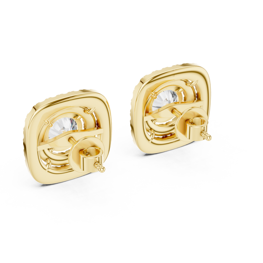 Round Lab Grown Diamond Double Cushion Halo Stud Earrings | 10K, 14K, and 18K Gold