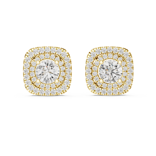 Round Lab Grown Diamond Double Cushion Halo Stud Earrings | 10K, 14K, and 18K Gold