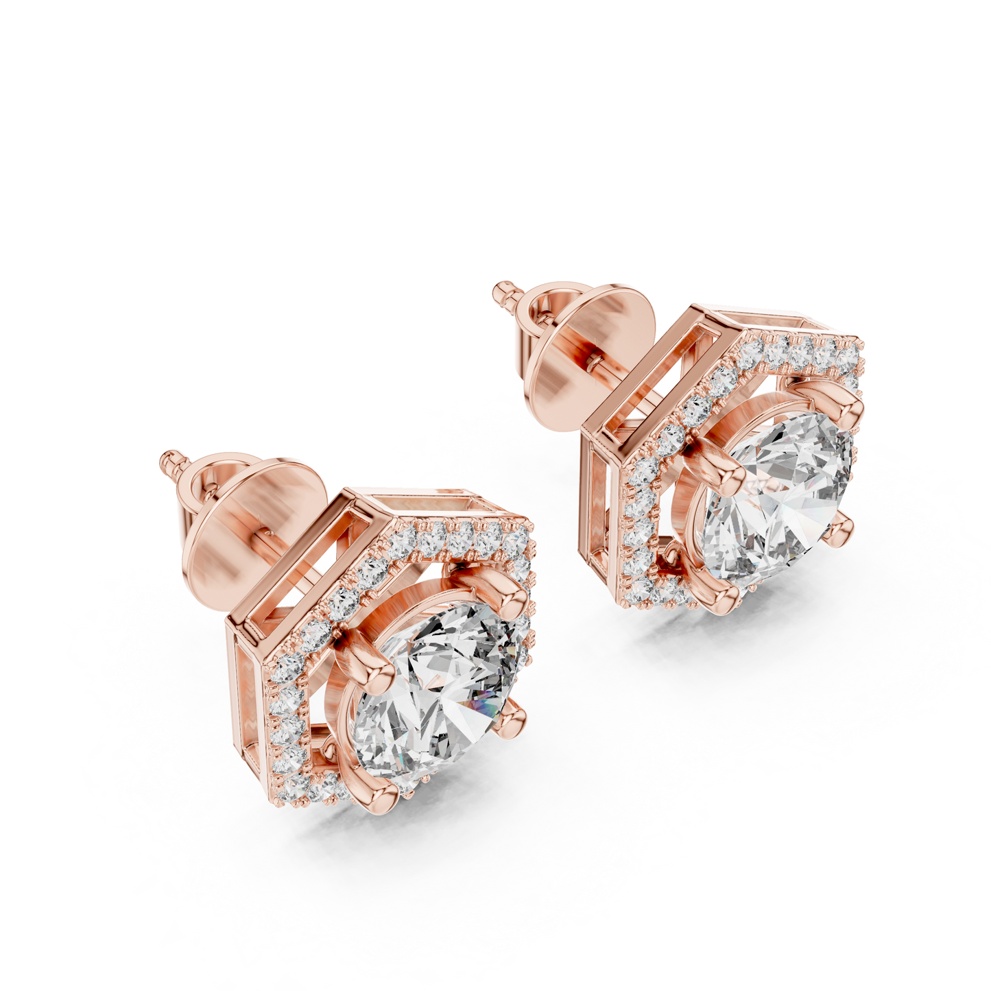 Round Lab Grown Diamond Hexagon Halo Stud Earrings | Geometric Pave Border Style | 10K, 14K, and 18K Gold