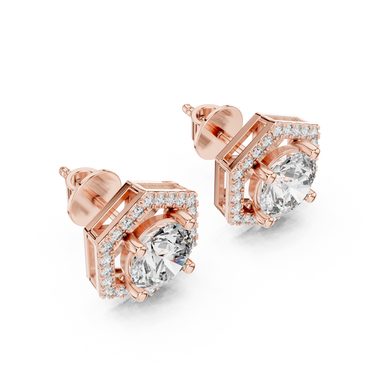 Round Lab Grown Diamond Hexagon Halo Stud Earrings | Geometric Pave Border Style | 10K, 14K, and 18K Gold