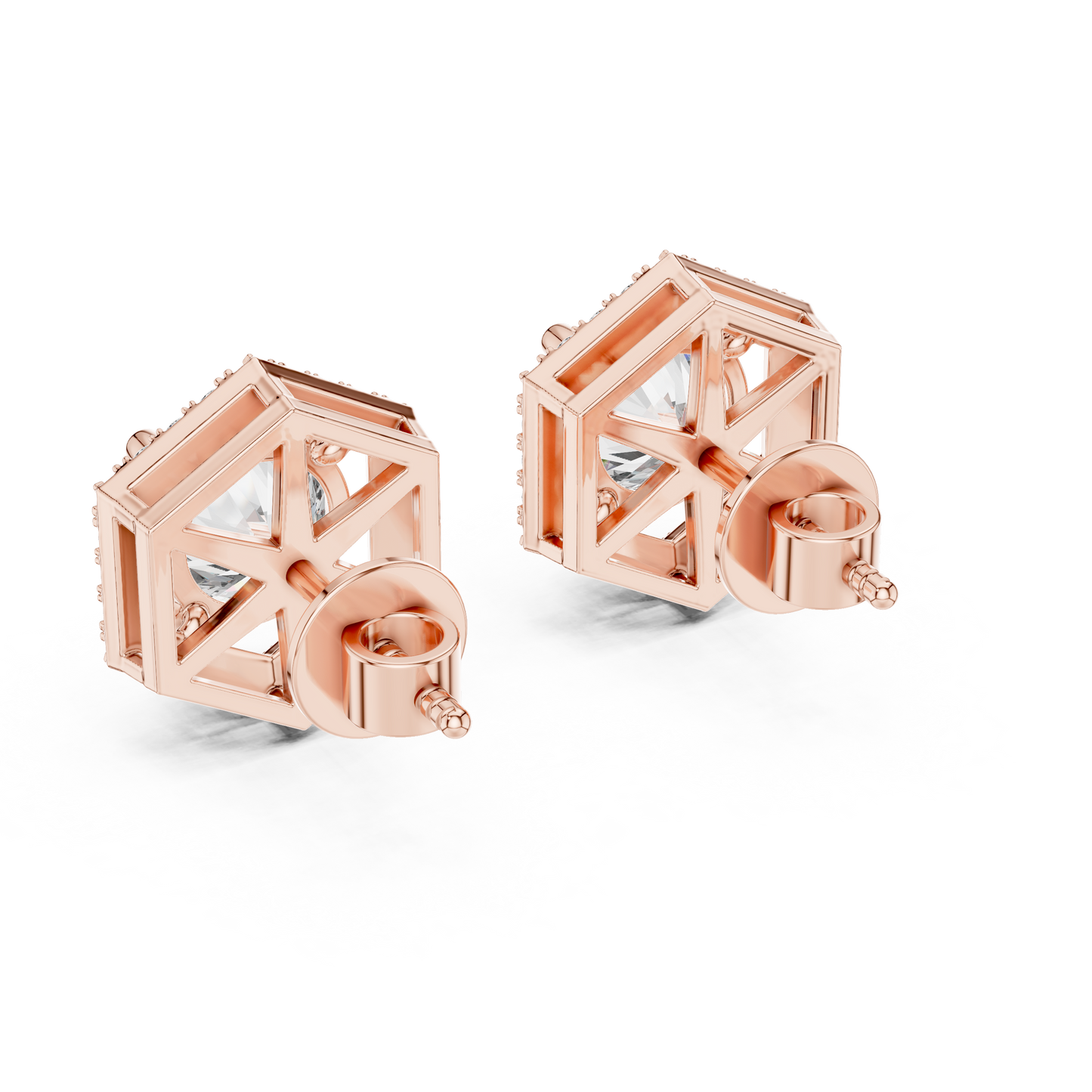 Round Lab Grown Diamond Hexagon Halo Stud Earrings | Geometric Pave Border Style | 10K, 14K, and 18K Gold