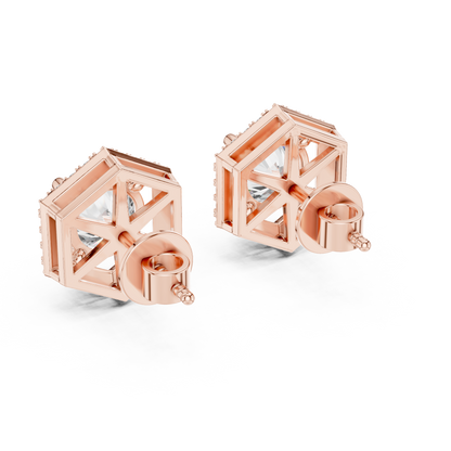Round Lab Grown Diamond Hexagon Halo Stud Earrings | Geometric Pave Border Style | 10K, 14K, and 18K Gold