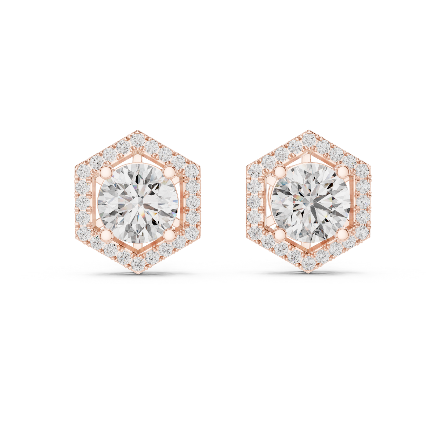 Round Lab Grown Diamond Hexagon Halo Stud Earrings | Geometric Pave Border Style | 10K, 14K, and 18K Gold