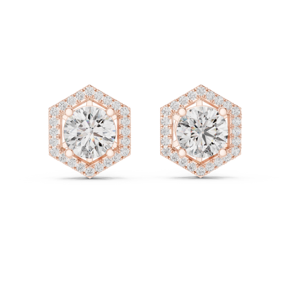 Round Lab Grown Diamond Hexagon Halo Stud Earrings | Geometric Pave Border Style | 10K, 14K, and 18K Gold