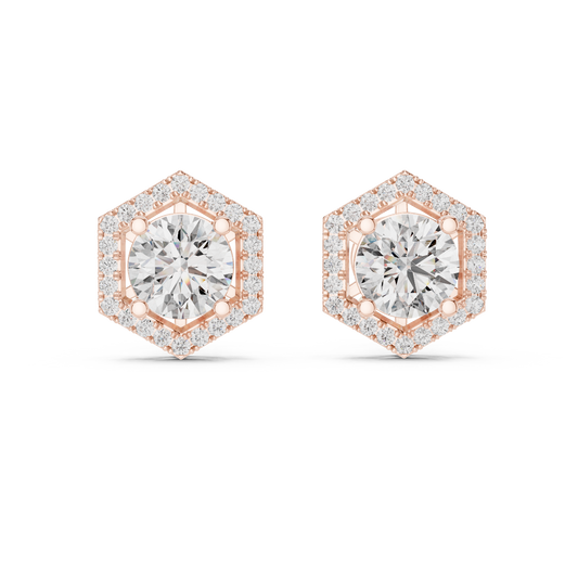 Round Lab Grown Diamond Hexagon Halo Stud Earrings | Geometric Pave Border Style | 10K, 14K, and 18K Gold