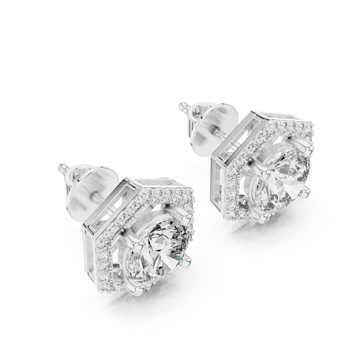 Round Lab Grown Diamond Hexagon Halo Stud Earrings | Geometric Pave Border Style | 10K, 14K, and 18K Gold