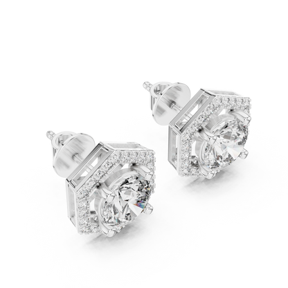 Round Lab Grown Diamond Hexagon Halo Stud Earrings | Geometric Pave Border Style | 10K, 14K, and 18K Gold