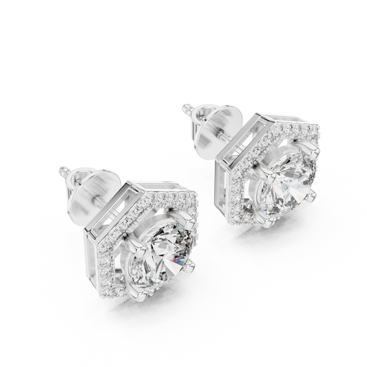 Round Lab Grown Diamond Hexagon Halo Stud Earrings | Geometric Pave Border Style | 10K, 14K, and 18K Gold