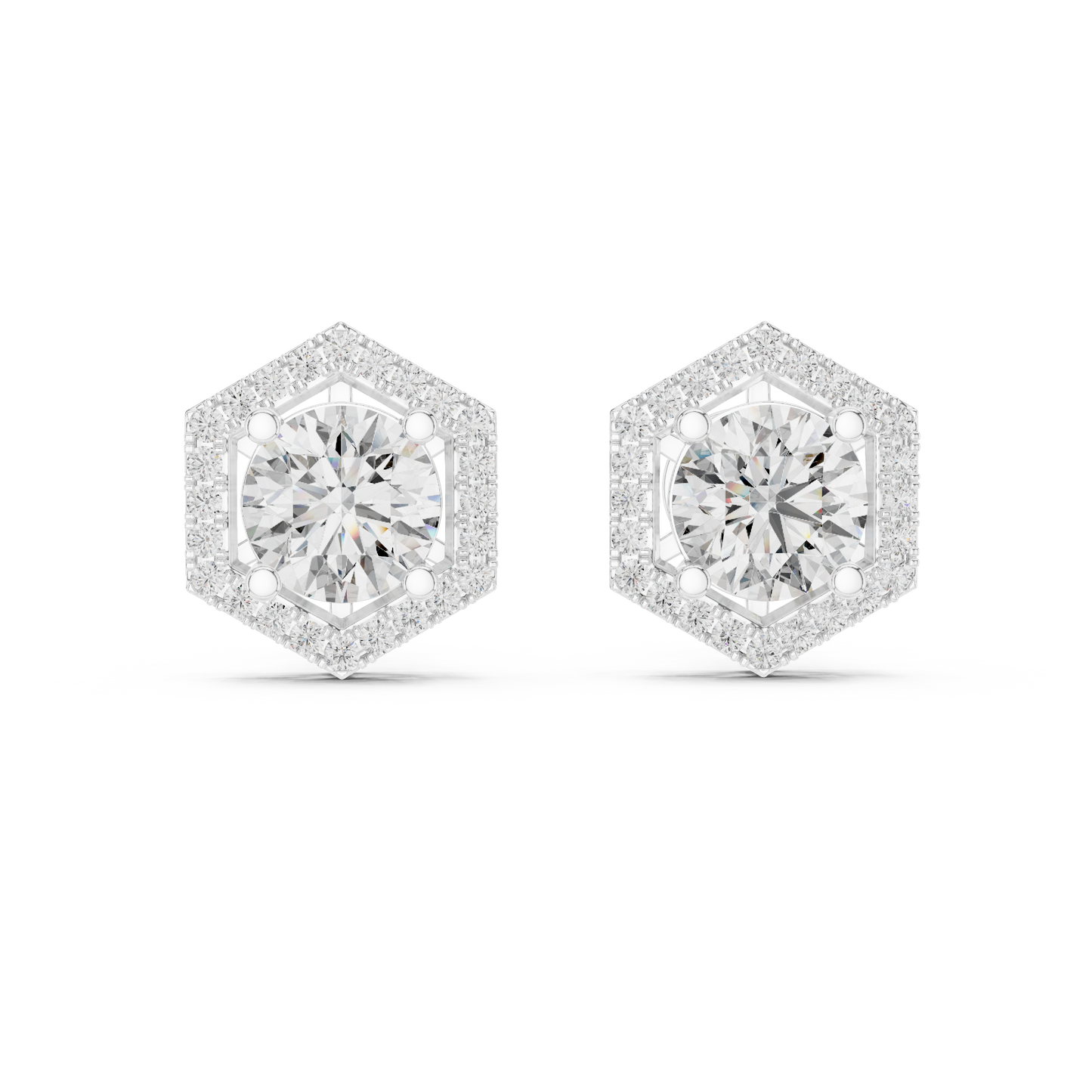 Round Lab Grown Diamond Hexagon Halo Stud Earrings | Geometric Pave Border Style | 10K, 14K, and 18K Gold