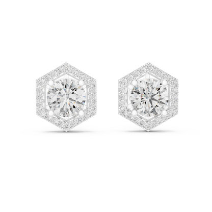 Round Lab Grown Diamond Hexagon Halo Stud Earrings | Geometric Pave Border Style | 10K, 14K, and 18K Gold
