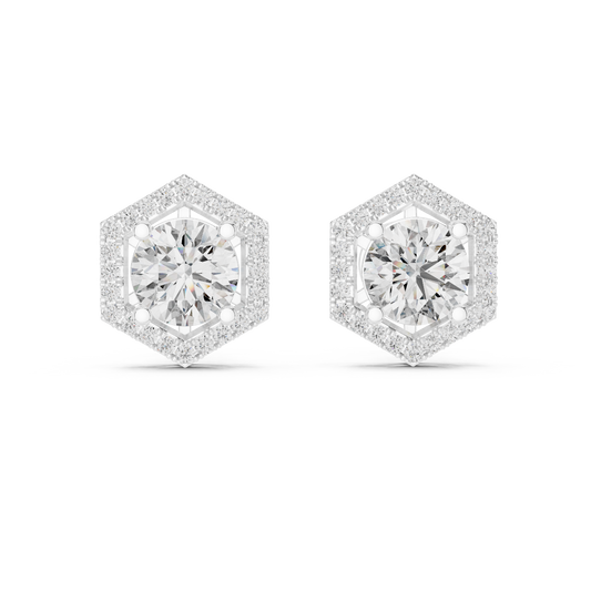 Round Lab Grown Diamond Hexagon Halo Stud Earrings | Geometric Pave Border Style | 10K, 14K, and 18K Gold