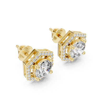 Round Lab Grown Diamond Hexagon Halo Stud Earrings | Geometric Pave Border Style | 10K, 14K, and 18K Gold