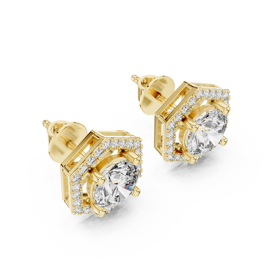 Round Lab Grown Diamond Hexagon Halo Stud Earrings | Geometric Pave Border Style | 10K, 14K, and 18K Gold