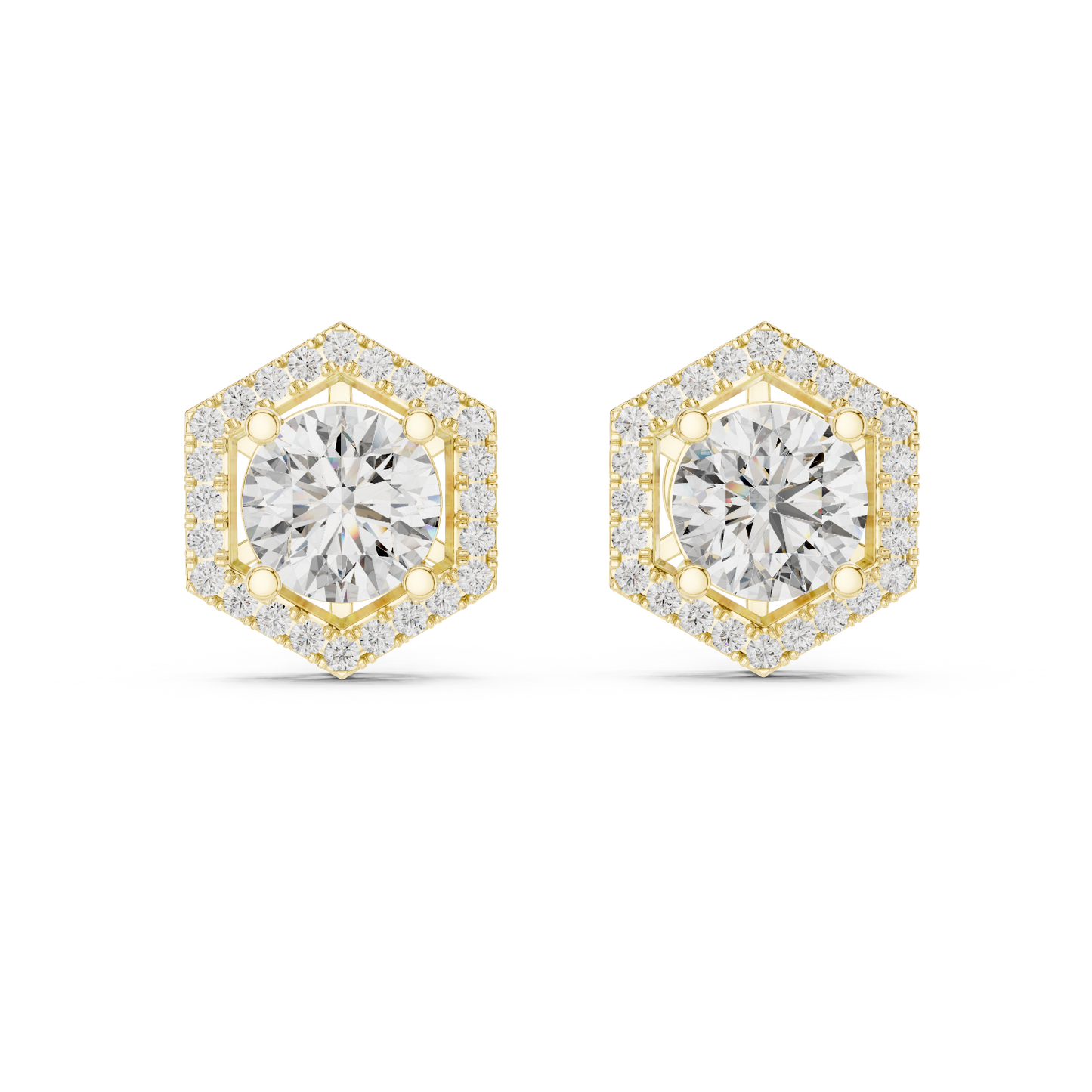 Round Lab Grown Diamond Hexagon Halo Stud Earrings | Geometric Pave Border Style | 10K, 14K, and 18K Gold