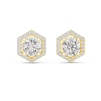 Round Lab Grown Diamond Hexagon Halo Stud Earrings | Geometric Pave Border Style | 10K, 14K, and 18K Gold