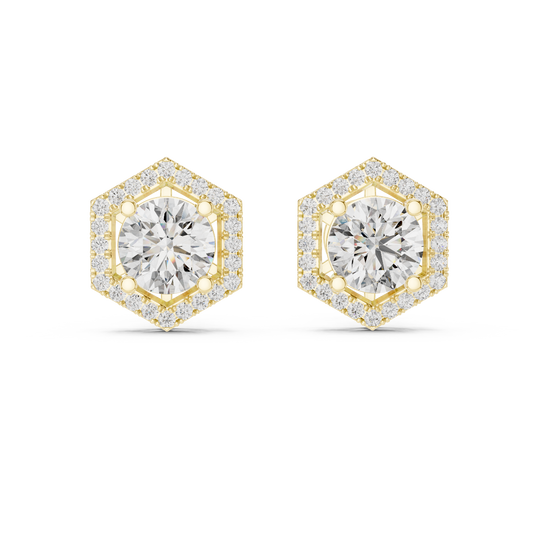 Round Lab Grown Diamond Hexagon Halo Stud Earrings | Geometric Pave Border Style | 10K, 14K, and 18K Gold