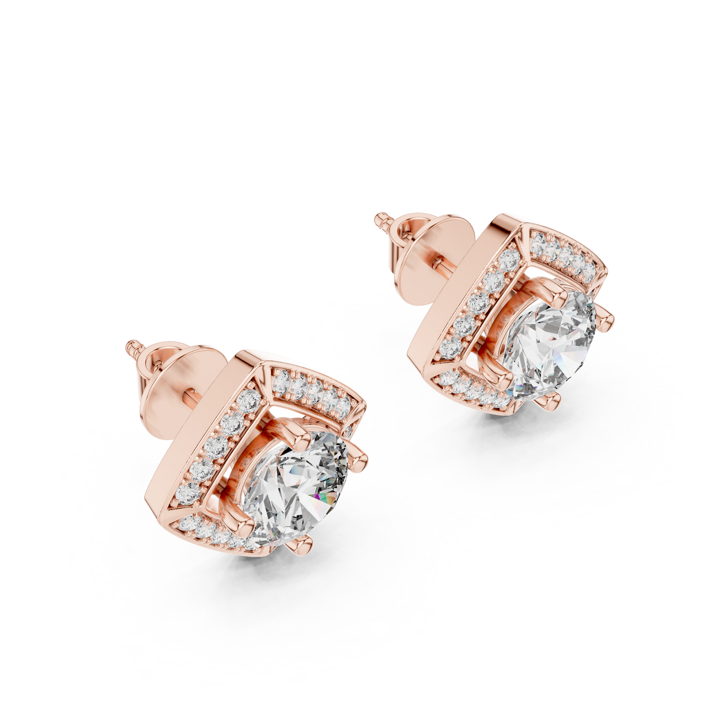 Round Lab Grown Diamond Cushion Halo Stud Earrings | Square Pave Border Style | 10K, 14K, and 18K Gold