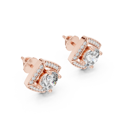 Round Lab Grown Diamond Cushion Halo Stud Earrings | Square Pave Border Style | 10K, 14K, and 18K Gold