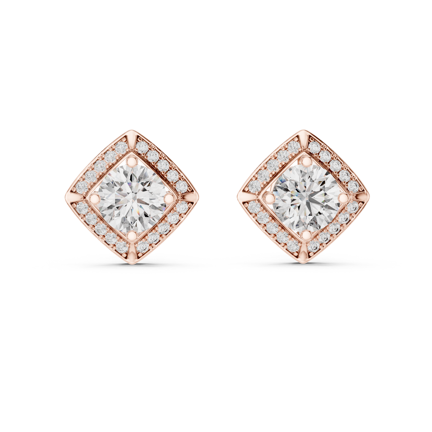Round Lab Grown Diamond Cushion Halo Stud Earrings | Square Pave Border Style | 10K, 14K, and 18K Gold