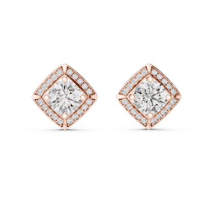 Round Lab Grown Diamond Cushion Halo Stud Earrings | Square Pave Border Style | 10K, 14K, and 18K Gold
