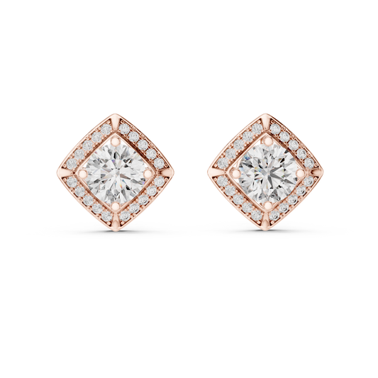 Round Lab Grown Diamond Cushion Halo Stud Earrings | Square Pave Border Style | 10K, 14K, and 18K Gold