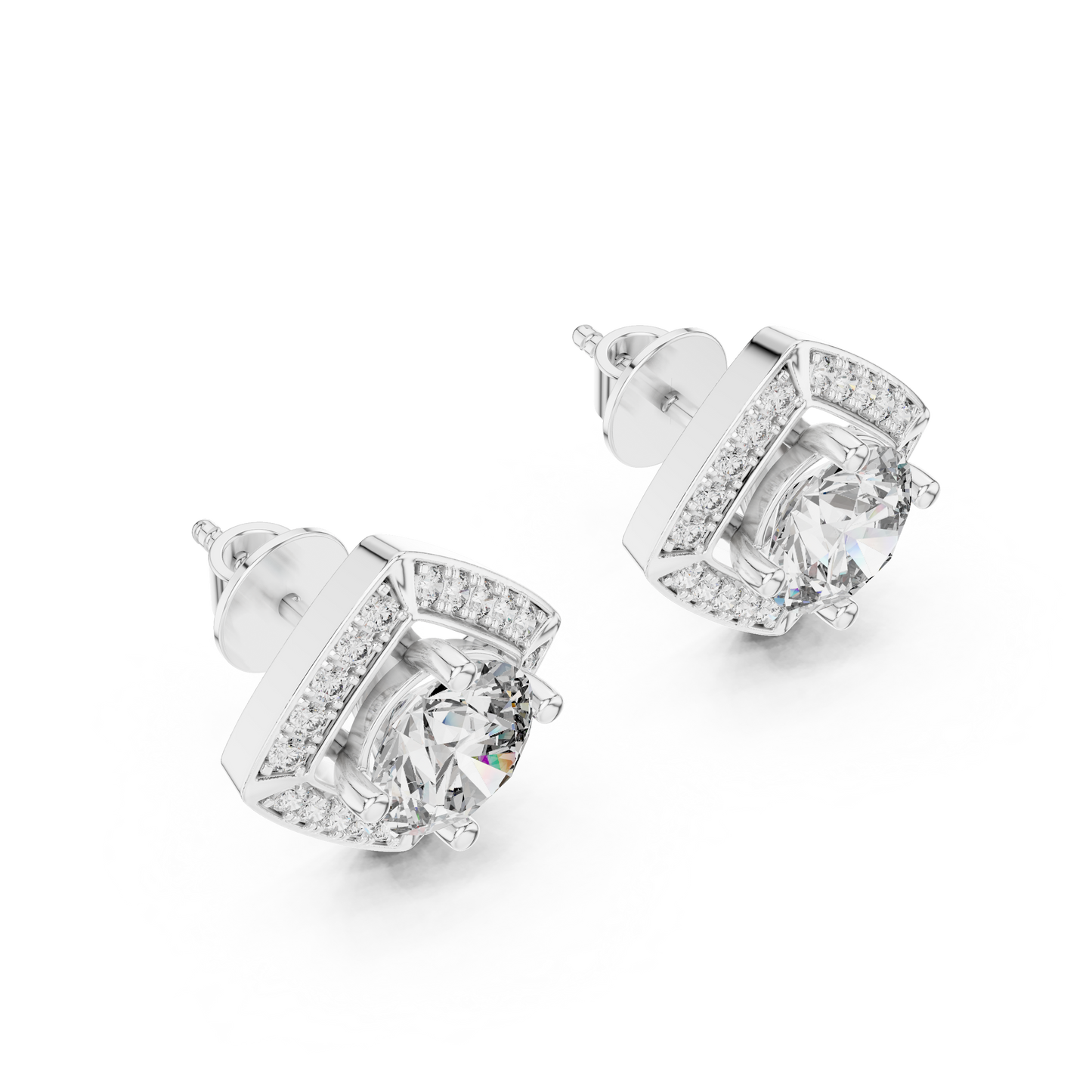 Round Lab Grown Diamond Cushion Halo Stud Earrings | Square Pave Border Style | 10K, 14K, and 18K Gold