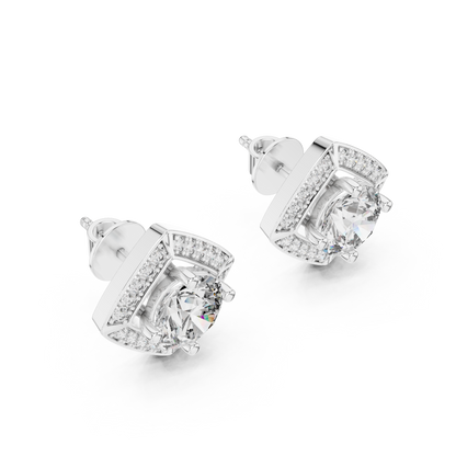 Round Lab Grown Diamond Cushion Halo Stud Earrings | Square Pave Border Style | 10K, 14K, and 18K Gold